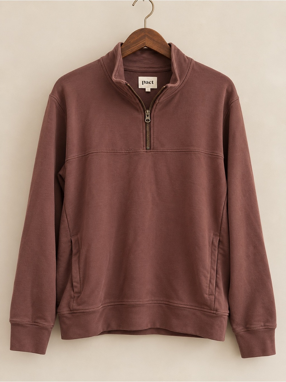 Pact | Brown Organic Cotton Quarter Zip Sweatshirt Pockets Large